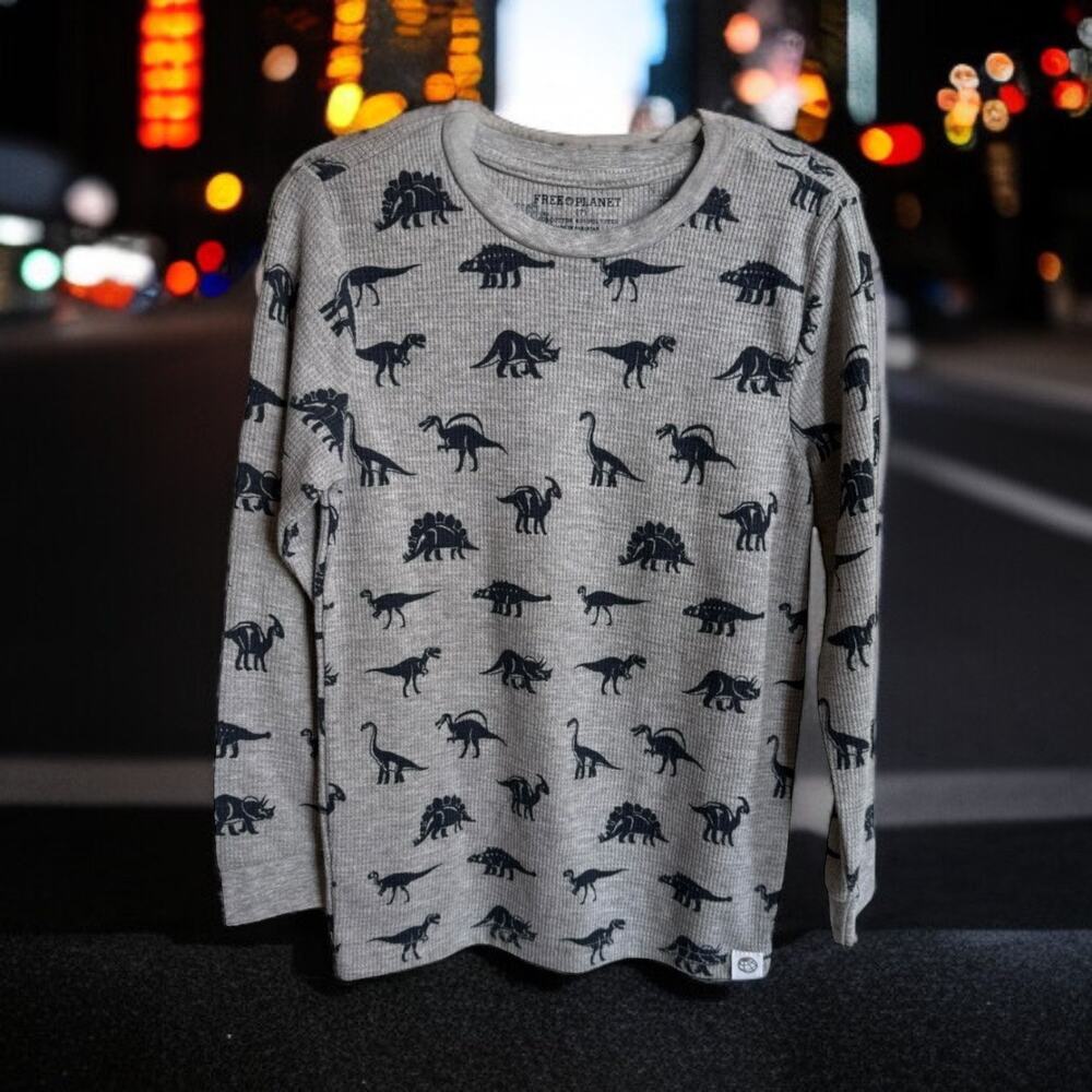 Free Planet Boys Shirt Sz 7 Gray Blue Thermal Waffle Knit Dinosaur Print‎